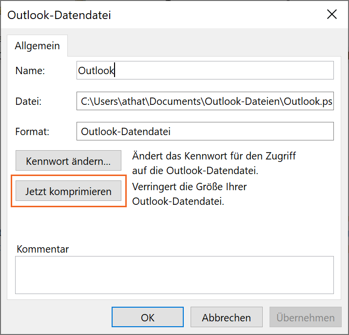 MS Outlook Befehl Jetzt komprimieren